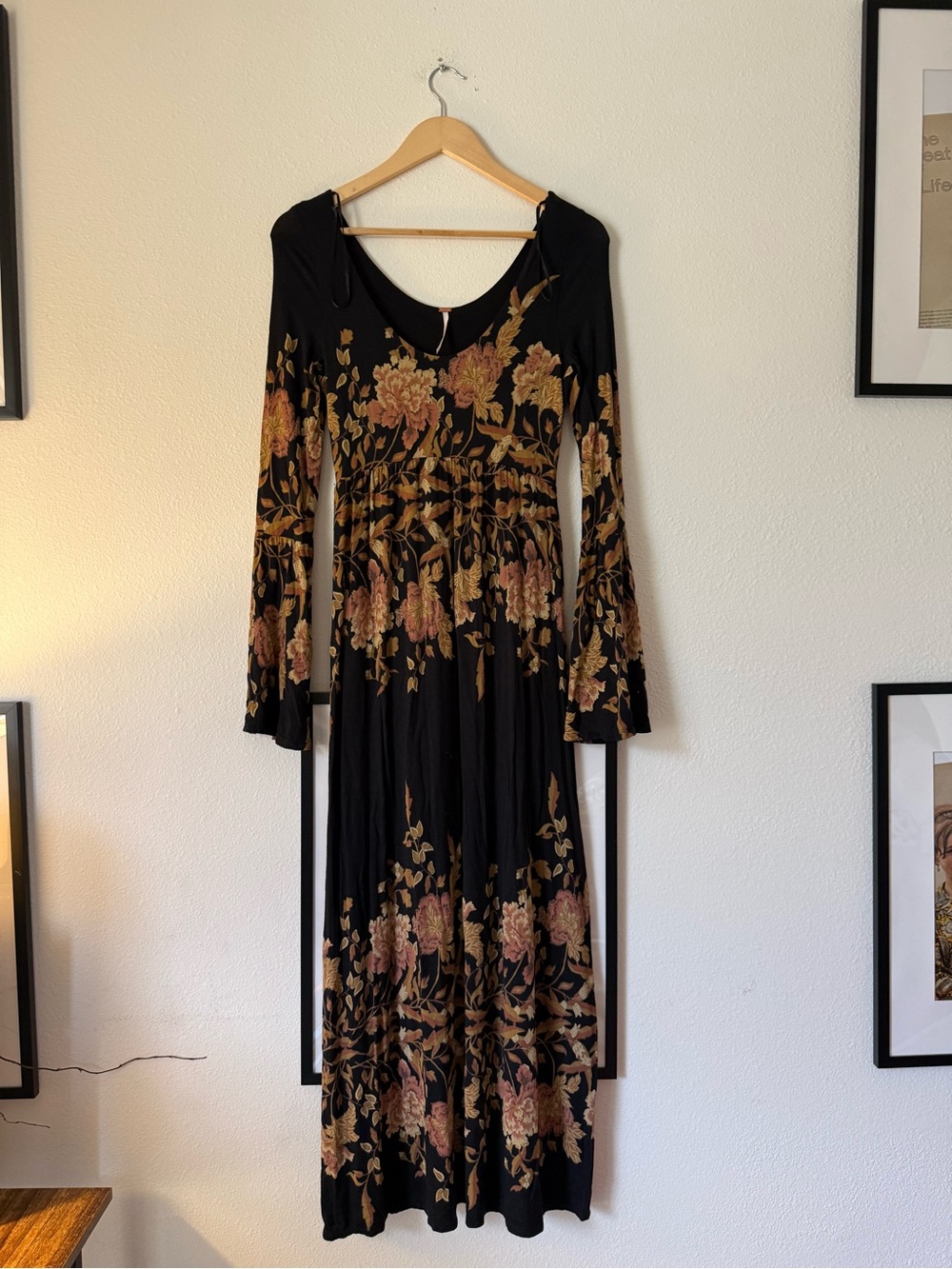 Free People Black Floral Maxi Dress with bell sleeves